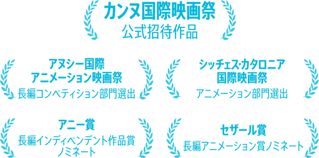 アヌシー国際アニメーション映画祭長編コンペティション部門選出、シッチェスカタロニア国際映画祭アニメーション部門選出、カンヌ国際映画祭公式招待作品、アニー賞長編インディペンデント作品賞ノミネート、セザール賞長編アニメーション賞ノミネートの受賞・選出歴を示すローレル(月桂冠)デザインのバナー